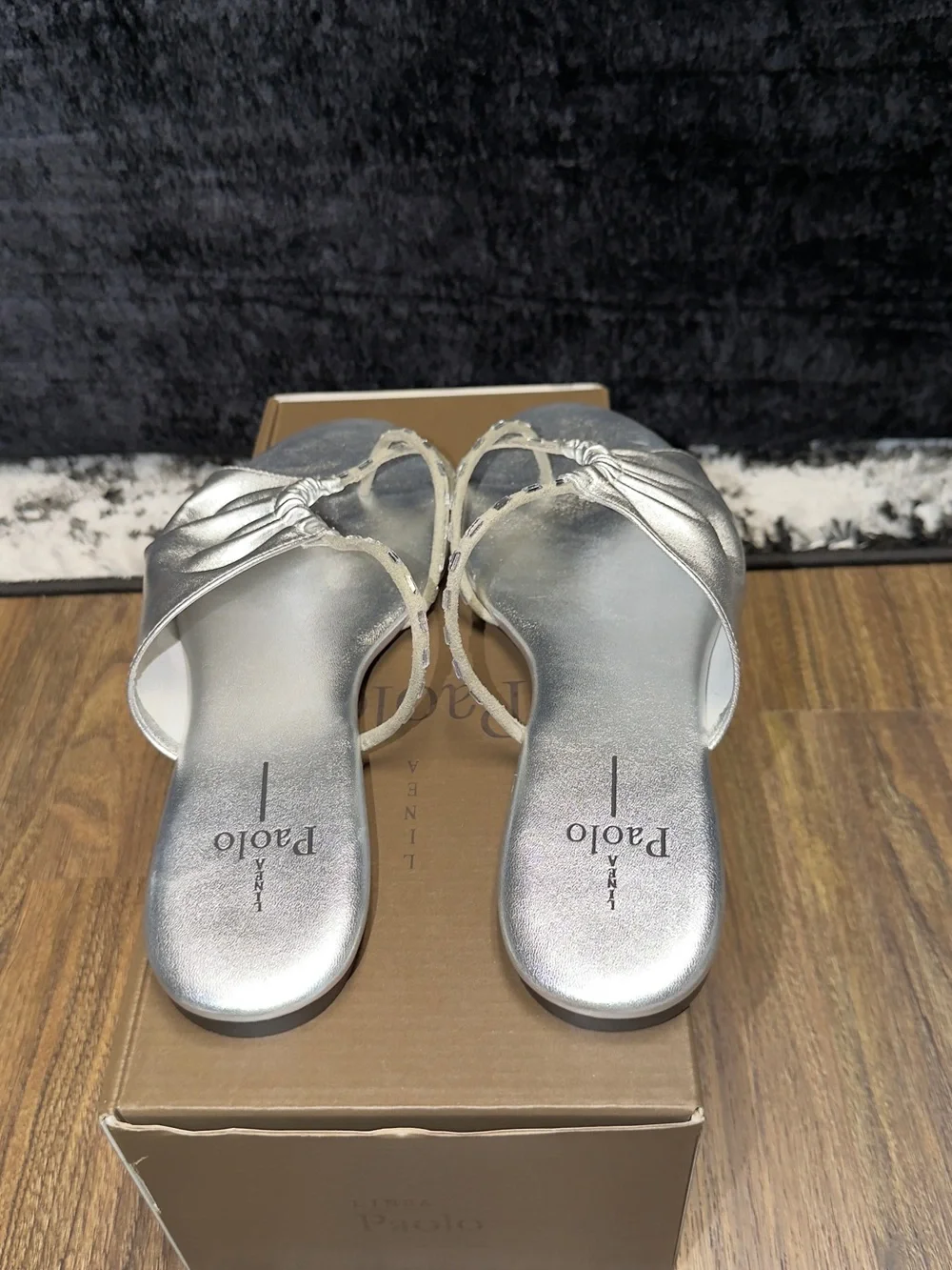 Paolo Metallic Silver Ruched Slide Sandals